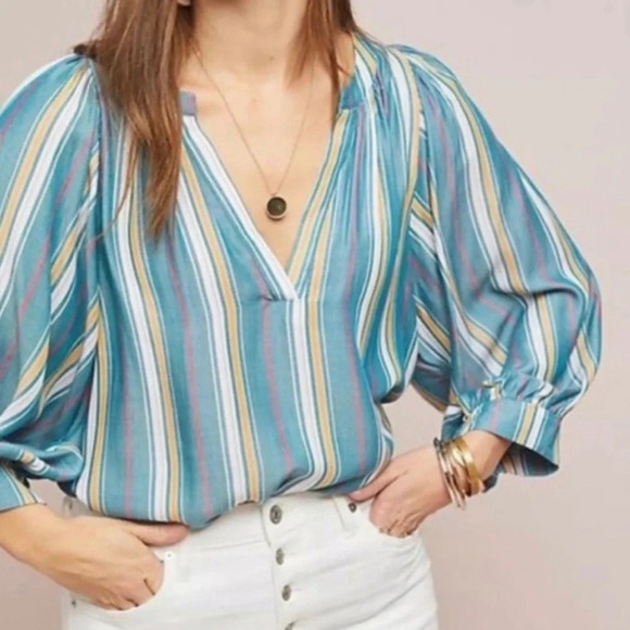 Anthropologie Maeve Byron Striped Blouse Split Neck Size S - Picture 2 of 7